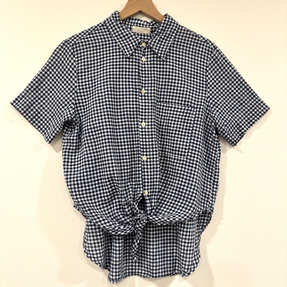 CP Shades Classic Check Button Up Shirt Short Sleeve Tie Front Cotton Country S